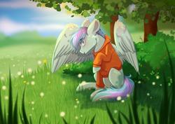 Size: 3508x2480 | Tagged: safe, artist:shiro-roo, oc, oc only, oc:gusty breeze, species:pegasus, species:pony, clothing, grass, male, preening, sitting, solo, stallion, surprised, tongue out, tree