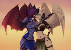 Size: 3508x2480 | Tagged: safe, artist:shiro-roo, oc, oc only, oc:dawn sentry, species:anthro, species:bat pony, species:pegasus, species:pony, armor, belly button, bracer, breasts, cleavage, dagger, duo, fantasy class, female, hand on hip, looking at each other, shoulder pads, sword, unconvincing armor, warrior, weapon, ych result