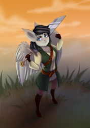 Size: 2480x3508 | Tagged: safe, artist:shiro-roo, oc, oc only, species:anthro, species:pegasus, species:pony, belt, breasts, cleavage, clothing, fantasy class, female, jacket, solo, sword, warrior, weapon