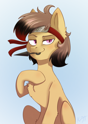 Size: 2893x4092 | Tagged: safe, artist:shiro-roo, oc, oc only, species:earth pony, species:pony, blue background, bust, chest fluff, headband, kunai, male, mouth hold, naruto, raised eyebrow, simple background, solo, stallion, weapon