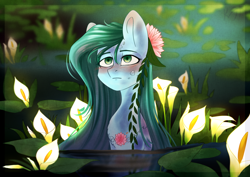 Size: 3508x2480 | Tagged: safe, artist:shiro-roo, oc, oc only, species:pony, blushing, female, flower, flower in hair, mare, solo, waterlily, wet, ych result