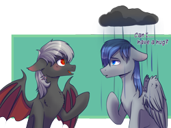 Size: 2500x1870 | Tagged: safe, artist:shiro-roo, oc, oc only, oc:dusty fang, oc:silver, species:bat pony, species:pegasus, species:pony, bat pony oc, cloud, duo, rain, raincloud, sad, simple background, speech, transparent background, ych result