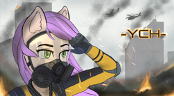 Size: 2618x1440 | Tagged: safe, artist:mintjuice, species:anthro, species:pony, advertisement, building, city, commission, female, fire, gas mask, ground, helicopter, mare, mask, rain, skyscraper, smoke, your character here