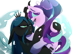 Size: 1720x1300 | Tagged: safe, artist:potetecyu_to, character:queen chrysalis, character:starlight glimmer, species:changeling, species:pony, species:unicorn, female, mare, s5 starlight