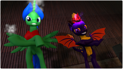 Size: 1950x1110 | Tagged: safe, artist:johnnyxluna, artist:tyraka628, oc, oc only, oc:prince lightning chaser, species:pony, 3d, fire hazard, flameable, idol, looking at you, looking down, magic, ponified, sierra, smiling, source filmmaker, spyro the dragon
