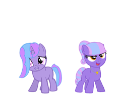 Size: 1024x768 | Tagged: safe, artist:turnaboutart, base used, oc, oc only, oc:lilac glow, oc:starry twinkle, parent:lemon hearts, parent:twilight sparkle, parents:lemonlight, species:earth pony, species:pony, species:unicorn, female, filly, hair over one eye, jewelry, necklace, ponytail, sisters, smiling, twins