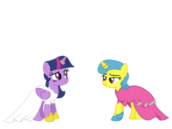 Size: 1024x768 | Tagged: safe, artist:turnaboutart, base used, character:lemon hearts, character:twilight sparkle, character:twilight sparkle (alicorn), species:alicorn, species:pony, species:unicorn, fanfic:twilight sparkle and lemon hearts love life, ship:lemonlight, alternate hairstyle, clothing, dress, female, horn ring, lesbian, marriage, ring, shipping, shoes, wedding, wedding dress, wedding ring