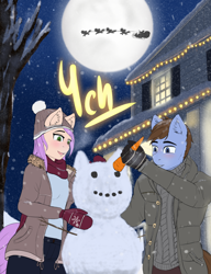 Size: 1680x2184 | Tagged: safe, artist:mintjuice, species:anthro, species:pony, advertisement, carrot, christmas, clothing, commission, female, food, garland, hat, holiday, house, lights, male, mare, mittens, moon, night, santa claus, scarf, snow, snowfall, snowman, stallion, sweater, tree, winter, ych result