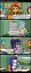 Size: 1280x2964 | Tagged: safe, artist:bredgroup, artist:sirvalter, character:princess celestia, character:principal celestia, character:rarity, character:sunset shimmer, character:twilight sparkle, character:twilight sparkle (scitwi), species:eqg human, comic:eg rpg lootbattle royal, my little pony:equestria girls, and then there's rarity, background human, comic, female, male, rose heart, telltale games, thunderbass