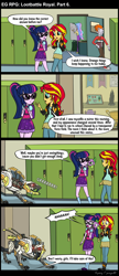 Size: 1280x2964 | Tagged: safe, artist:bredgroup, artist:sirvalter, character:heath burns, character:princess celestia, character:principal celestia, character:spike, character:spike (dog), character:sunset shimmer, character:twilight sparkle, character:twilight sparkle (scitwi), species:dog, species:eqg human, comic:eg rpg lootbattle royal, my little pony:equestria girls, background human, comic, dead space, female, heath burns, horizon zero dawn, male, marker (dead space), sawtooth