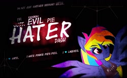 Size: 1710x1055 | Tagged: safe, artist:galacticflashd, character:evil pie hater dash, character:rainbow dash, episode:secrets and pies, g4, my little pony: friendship is magic, my little pony:equestria girls, clothing, implied pinkie pie, text, wallpaper