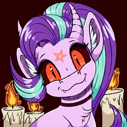 Size: 4093x4093 | Tagged: safe, artist:faline-art, character:starlight glimmer, species:demon pony, species:pony, :3, absurd resolution, baphomet, candle, choker, demon, fangs, female, looking at you, mare, monster pony, pentagram, species swap