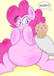 Size: 1447x2047 | Tagged: safe, artist:theobrobine, character:derpy hooves, character:pinkie pie, species:earth pony, species:pony, belly button, chubbie pie, chubby, fat, female, food, mare, muffin, pudgy pie, shiny, simple background, sitting, smiling