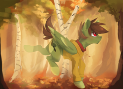 Size: 1166x845 | Tagged: safe, artist:tangomangoes, oc, oc only, oc:olive hue, species:pegasus, species:pony, autumn, clothing, forest, leaves, solo, tree