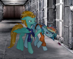 Size: 2594x2119 | Tagged: safe, artist:mysteriousshine, character:lightning dust, character:rainbow dash, species:pony, angry, bound wings, clothing, jail, police officer, police uniform, prison, prison outfit, prisoner, prisoner rd, wings