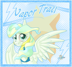 Size: 854x800 | Tagged: safe, artist:unisoleil, character:vapor trail, species:pegasus, species:pony, g4, bust, clothing, female, looking at you, mare, smiling, solo, spread wings, uniform, wings, wonderbolt trainee uniform