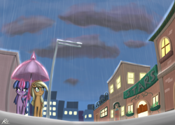 Size: 1400x1000 | Tagged: safe, artist:reikomuffin, character:applejack, character:twilight sparkle, species:earth pony, species:pony, species:unicorn, angry, duo, duo female, female, frown, mare, rain, scenery, town, umbrella, walking