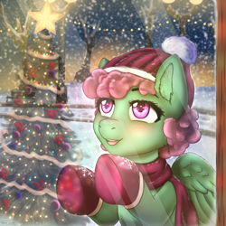 Size: 5000x5000 | Tagged: safe, artist:mintjuice, oc, oc only, oc:windcatcher, species:pegasus, species:pony, absurd resolution, admiration, christmas, christmas tree, clothing, commission, female, hat, holiday, lamp, lights, mare, mittens, scarf, snow, snowfall, store, tree, window, winter, ych result