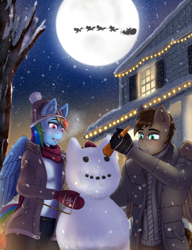 Size: 3500x4549 | Tagged: safe, artist:mintjuice, character:rainbow dash, oc, oc:paper trail, species:anthro, species:pegasus, species:pony, anthro oc, carrot, christmas, clothing, commission, female, food, garland, hat, holiday, house, lights, male, mare, mittens, moon, night, santa claus, scarf, snow, snowfall, snowman, stallion, stars, sweater, tree, window, winter, ych result