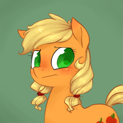 Size: 600x600 | Tagged: safe, artist:xarakayx, character:applejack, :t, alternate hairstyle, blushing, braid, cute, freckles, looking at you, pigtails, younger