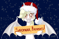 Size: 1000x656 | Tagged: safe, artist:unisoleil, oc, oc:albi light wing, species:bat pony, species:pony, christmas, clothing, female, hat, holiday, mare, night, santa hat, sign, solo