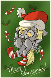 Size: 627x956 | Tagged: safe, artist:velexane, character:derpy hooves, species:pegasus, species:pony, candy cane, christmas, clothing, cookie, female, hat, holly, mare, santa hat, stockings