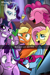 Size: 2016x3007 | Tagged: safe, artist:oinktweetstudios, character:applejack, character:fluttershy, character:pinkie pie, character:rainbow dash, character:rarity, character:spike, character:starlight glimmer, character:twilight sparkle, species:alicorn, species:dragon, species:earth pony, species:pony, species:unicorn, 2019, applejack's hat, clothing, cowboy hat, cup, derp, drink, duckface, eyes closed, female, glasses, happy new year, happy new year 2019, hat, holiday, looking at you, magic, male, mane seven, mane six, mare, one eye closed, open mouth, selfie, signature, silly, silly face, silly pony, smiling, telekinesis, wink