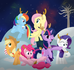 Size: 4250x4000 | Tagged: safe, artist:ricktin, character:applejack, character:fluttershy, character:pinkie pie, character:rainbow dash, character:rarity, character:twilight sparkle, character:twilight sparkle (alicorn), species:alicorn, species:deer, species:pony, species:reindeer, animal costume, antlers, clothing, costume, mane six, reindeer antlers, reindeer costume