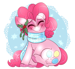 Size: 456x416 | Tagged: safe, artist:ponycide, character:pinkie pie, species:pony, blushing, blushing ears, chest fluff, christmas, clothing, cute, diapinkes, ear blush, eyes closed, female, holiday, holly, scarf, smiling, snow, snowflake, solo, unshorn fetlocks