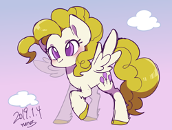 Size: 1720x1300 | Tagged: safe, artist:potetecyu_to, character:surprise, species:pegasus, species:pony, blushing, cloud, cute, female, mare, raised hoof, signature, smiling