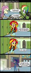 Size: 1280x2964 | Tagged: safe, artist:bredgroup, artist:sirvalter, character:fluttershy, character:rainbow dash, character:spike, character:spike (dog), character:sunset shimmer, character:twilight sparkle, character:twilight sparkle (scitwi), species:dog, species:eqg human, comic:eg rpg lootbattle royal, my little pony:equestria girls, aloy, comic, doom, fallout, fog, horizon zero dawn, metal gear, metal gear rising, raiden, sawtooth, silent hill, weapon
