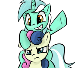Size: 294x264 | Tagged: safe, artist:bambooharvester, character:bon bon, character:lyra heartstrings, character:sweetie drops, species:earth pony, species:pony, species:unicorn, avatar, bon bon is not amused, duo, grin, ponies riding ponies, riding, simple background, smiling, unamused, white background