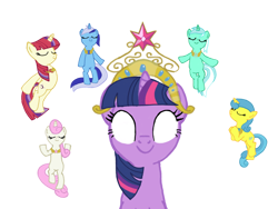 Size: 1024x768 | Tagged: safe, artist:turnaboutart, base used, character:lemon hearts, character:lyra heartstrings, character:minuette, character:moondancer, character:twilight sparkle, character:twinkleshine, species:pony, alternate universe, big crown thingy, canterlot six, element of generosity, element of honesty, element of kindness, element of laughter, element of loyalty, element of magic, elements of harmony, jewelry, regalia, the elements in action