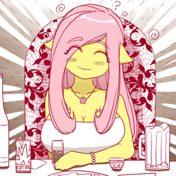 Size: 2000x2000 | Tagged: safe, artist:sigpi, character:fluttershy, species:anthro, g4, big breasts, blushing, bottle, bracelet, breasts, busty fluttershy, cleavage, clothing, colored eyebrows, cup, cute, drink, eye clipping through hair, eyebrows, eyebrows visible through hair, eyes closed, female, floppy ears, huge breasts, jewelry, mare, mug, necklace, shirt, shyabetes, smiling, solo