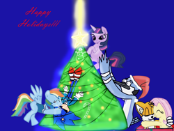 Size: 1024x768 | Tagged: safe, artist:kaiamurosesei, character:fluttershy, character:rainbow dash, character:sonic the hedgehog, character:twilight sparkle, ship:mordetwi, crossover, crossover shipping, female, fluttertails, holiday, interspecies, male, miles "tails" prower, mordecai, shipping, sonic the hedgehog (series), sonicdash, straight