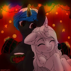 Size: 604x604 | Tagged: safe, artist:kotya, character:cozy glow, oc, oc only, oc:red peacemaker, species:pony, species:unicorn, christmas, christmas lights, cup, food, holiday, pillow, smiling, tea, teacup