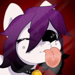 Size: 604x604 | Tagged: safe, artist:kotya, oc, oc only, oc:the doll, species:pony, collar, doll, freckles, looking at you, mlem, one eye closed, silly, simple background, solo, tongue out, toy, wink