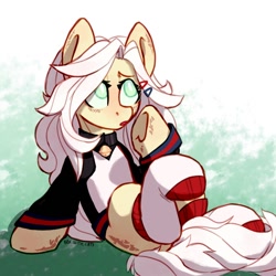 Size: 604x604 | Tagged: safe, artist:kotya, oc, species:pony, blushing, clothing, collar, green eyes, looking up, simple background, sitting, socks, solo