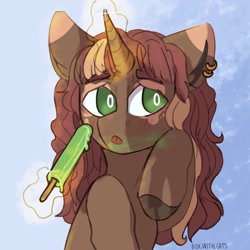 Size: 604x604 | Tagged: safe, artist:kotya, oc, species:pony, species:unicorn, blushing, food, glowing horn, green eyes, ice cream, magic, piercing, simple background, solo, telekinesis, tongue out