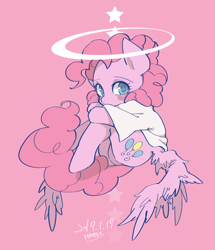 Size: 1720x2000 | Tagged: safe, artist:potetecyu_to, character:pinkie pie, species:pony, anatomically incorrect, angel, blushing, butt wings, clothing, cute, diapinkes, female, halo, incorrect leg anatomy, looking at you, mare, pink background, simple background, solo, stars