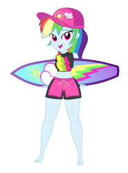 Size: 6800x9200 | Tagged: safe, alternate version, artist:gabosor, derpibooru original, character:rainbow dash, episode:blue crushed (a.k.a baewatch), equestria girls:forgotten friendship, g4, my little pony: equestria girls, my little pony:equestria girls, absurd resolution, adorasexy, amused, barefoot, baseball cap, bedroom eyes, belly button, bikini, bikini bottom, bikini top, board shorts, cap, clothing, curvy, cute, dashabetes, faec, feet, female, full body, grabbing, grin, happy, hat, hips, legs, long hair, looking at you, midriff, missing accessory, multicolored hair, open mouth, paint.net, pose, rainbow hair, raised eyebrow, sexy, show accurate, simple background, sleeveless, small feet, smiling, smug, smugdash, solo, sports, stomach, surfboard, swimming trunks, swimsuit, thighs, tiny feet, toes, transparent background, vector, wall of tags, wide hips