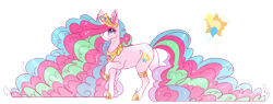 Size: 1670x634 | Tagged: safe, artist:lunawolf28, character:pinkie pie, character:princess celestia, oc, oc:pink celeste, species:pony, species:unicorn, crown, cutie mark, cutie mark fusion, ethereal mane, female, fusion, impossibly large hair, jewelry, long mane, mare, necklace, regalia, simple background, solo, transparent background
