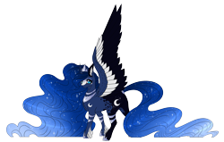 Size: 2747x1743 | Tagged: safe, artist:lunawolf28, character:princess luna, species:alicorn, species:pony, colored wings, female, jewelry, looking at you, mare, multicolored wings, regalia, simple background, solo, transparent background, unshorn fetlocks