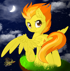 Size: 786x800 | Tagged: safe, artist:unisoleil, character:spitfire, species:pegasus, species:pony, cloud, crescent moon, cutefire, ear fluff, female, looking back, mare, moon, night, solo, underhoof, wing fluff
