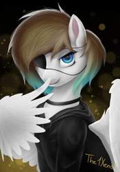 Size: 700x1000 | Tagged: safe, artist:the1xeno1, oc, oc only, species:pegasus, species:pony, boop, clothing, eyepatch, female, hoodie, looking at you, smiling, sweater