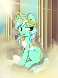 Size: 3000x4000 | Tagged: safe, artist:saralien, character:lyra heartstrings, species:pony, species:unicorn, clothing, cloud, crepuscular rays, cute, dionysus, dress, female, glowing horn, goddess, high res, leg fluff, looking at you, lyrabetes, mare, open mouth, pillar, sitting, sky, solo, sunlight