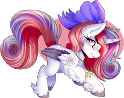 Size: 5983x4717 | Tagged: safe, artist:azrealrou, oc, oc only, oc:starfalls, species:alicorn, species:pony, abstract background, absurd resolution, alicorn oc, bow, colored hooves, ear fluff, folded wings, freckles, hair bow, jewelry, necklace, profile, raised hoof, solo, unshorn fetlocks, wings