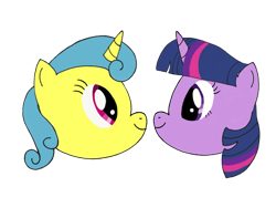 Size: 1024x768 | Tagged: safe, artist:turnaboutart, character:lemon hearts, character:twilight sparkle, species:pony, species:unicorn, fanfic:twilight sparkle and lemon hearts love life, ship:lemonlight, cover art, eye contact, female, head only, lesbian, looking at each other, shipping