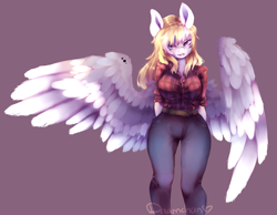 Size: 4187x3253 | Tagged: safe, artist:dream--chan, oc, oc only, oc:calypso, species:anthro, species:pegasus, species:pony, absurd resolution, anthro oc, belt, big wings, clothing, commission, female, hands behind back, jeans, mare, open mouth, pants, plaid shirt, purple background, shirt, simple background, solo, spread wings, wings