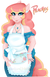 Size: 2699x4148 | Tagged: safe, artist:nekomellow, oc, oc only, oc:peaches, species:anthro, species:earth pony, species:pony, anthro oc, apron, clothing, female, jewelry, mare, milf, mother, necklace, shoulderless